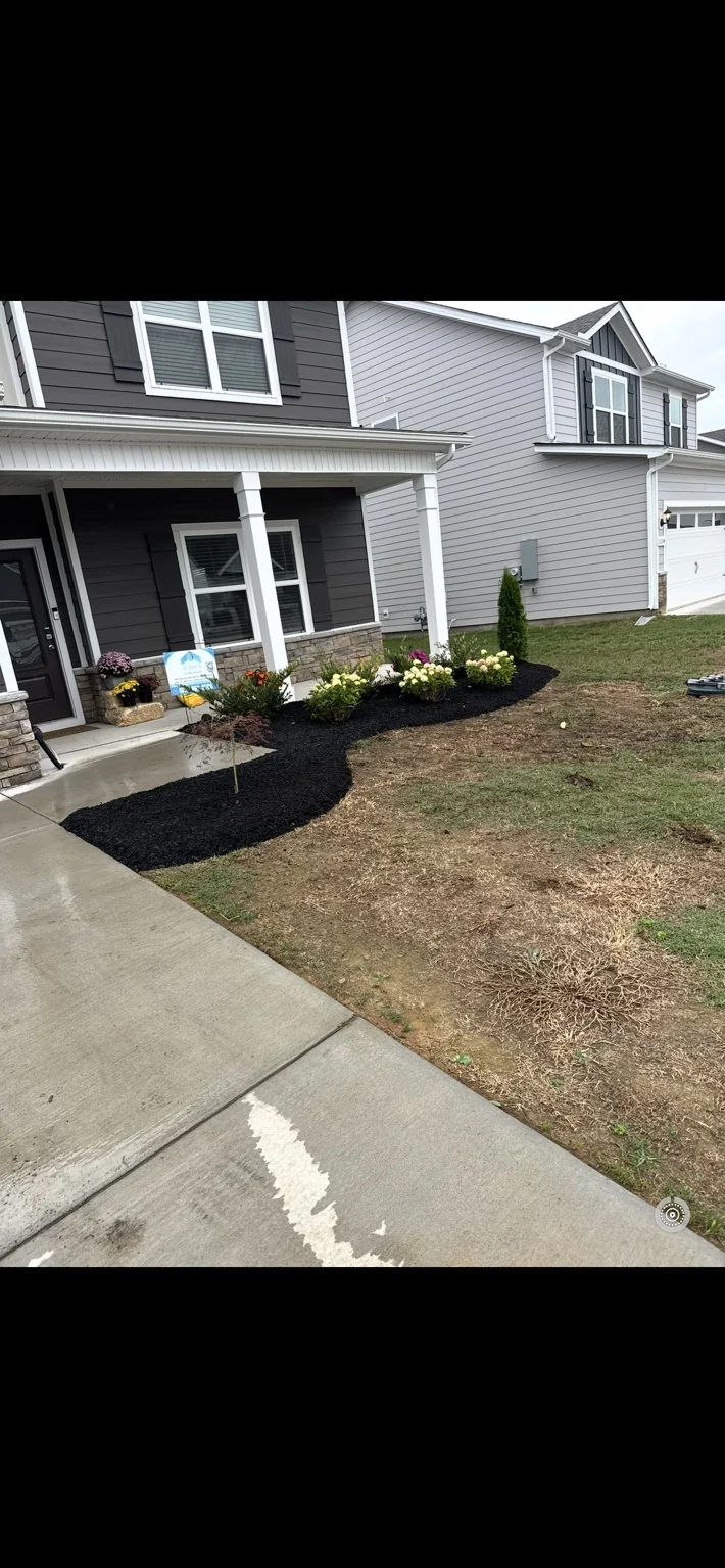 Flowering plants and shrubs in mulched beds along a home’s front walk